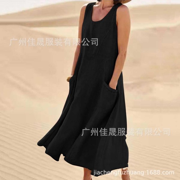 Ihuasu Moda Verano Primavera Color SóLido Estampado Sin Mangas Cuello Redondo Vestidos Casuales Xxxl-image