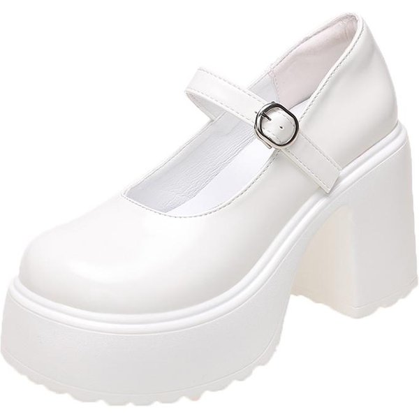 Moda BiałE CzółEnka Na Platformie Dla Kobiet Super Wysokie Szpilki Pasek Z Klamrą Buty Mary Jane Kobieta Goth Buty Na Grubym Obcasie Szpilki Damskie 35 BeżOwy-image