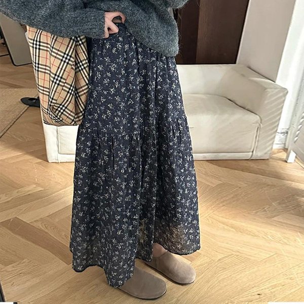 Falda Floral Retro Para Mujer En Primavera Y Verano Nueva Falda De Paraguas PequeñA En LíNea A Falda De Pastel De Gasa De Cintura Alta XL Azul Marino-image