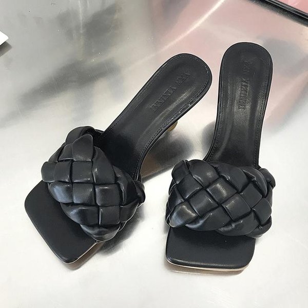Zapatillas Sexy Mujer Tacones Medios Sandalias Marca Bombas Verano Nueva Tendencia Moda Chanclas Zapatos Punta Cuadrada Casual Mujer 40 Negro-image