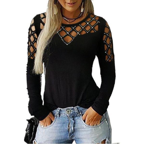 Hnxc Moda Damska Casual Jesień Zima Jednolity Kolor Drukuj Bluzki I Koszule Z DłUgim RęKawem I Dekoltem W KształCie Litery O XL Czarny-image