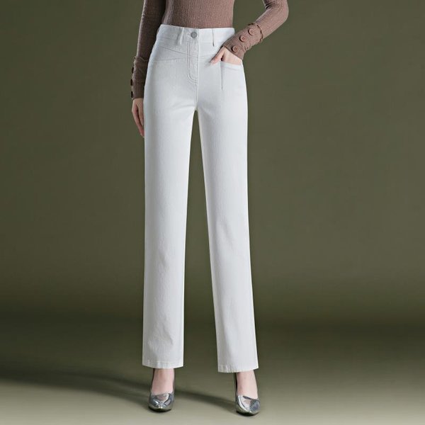 Pantalones Para Mujer De Mediana Edad Jeans Rectos De Cintura Alta OtoñO Delgados Sueltos Casuales Estrechos Pierna Ancha Pantalones De Madre 4XL White-image
