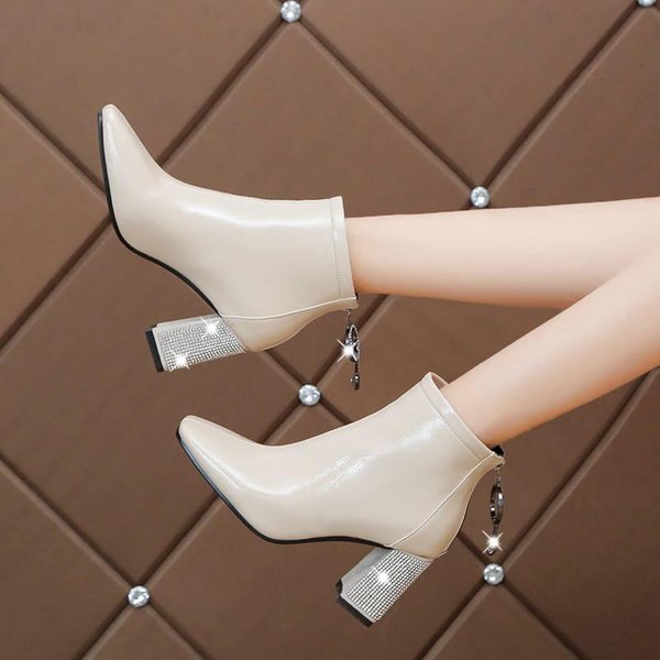 Botas De Moda Para Mujer Botas Casuales Con Cremallera Puntera Puntiaguda TacóN Cuadrado Alto CáLidas Botines Para Mujer Talla 35-image