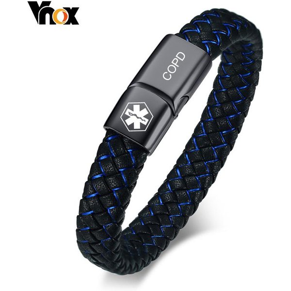 Vnox Spersonalizowana Medyczna MęSka Bransoletka ID Pleciona SkóRzana Bransoleta Z ZapięCiem Cukrzyca Pochp Choroba Alzheimera Spersonalizowana BiżUteria 19.5Cm Gray-image