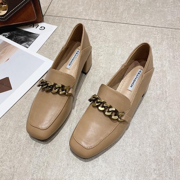 Zapatos PequeñOs De Cuero Femeninos Estilo BritáNico VersióN Coreana Combinan Con Todo Primavera Nuevo Estudiante JK TacóN Grueso Zapatos De SalóN TacóN Medio Mocasines 40 Almendra-image