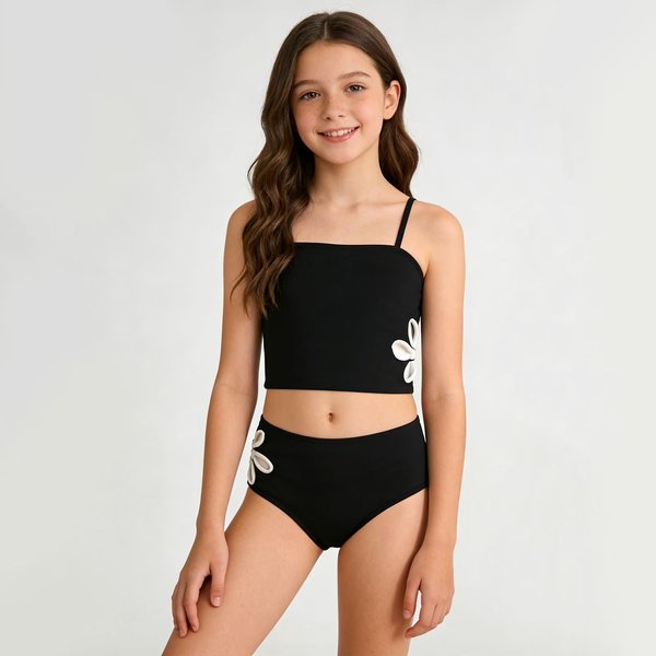 DziewczęCy DwuczęśCiowy Zestaw KąPielowy Top Tankini Z Regulowanymi RamiąCzkami Figi Z Wysokim Stanem Kostium KąPielowy Dla Dzieci PlażA Basen 150 Czarny-image