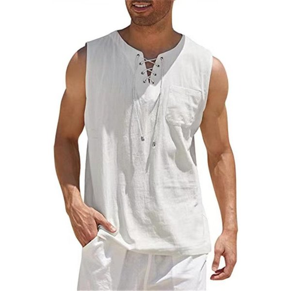 Camisas De Lino Y AlgodóN Para Hombre, Chalecos Casuales Sin Mangas, Camisas Con Cordones, Camisetas Sin Mangas Con Cuello En V Retro, Camisas Sueltas, Ropa De Color SóLido Para Hombre S Blanco-image