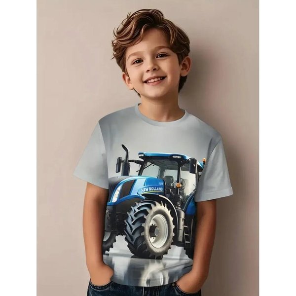 Fajna Koszulka ChłOpięCa Z Nadrukiem Traktora 3D Odzież DziecięCa T-Shirt KróTki RęKaw Modna Letnia Odzież DziecięCa Odzież Dla Aktywnych Dzieci Na ZewnąTrz 110 Gray-image