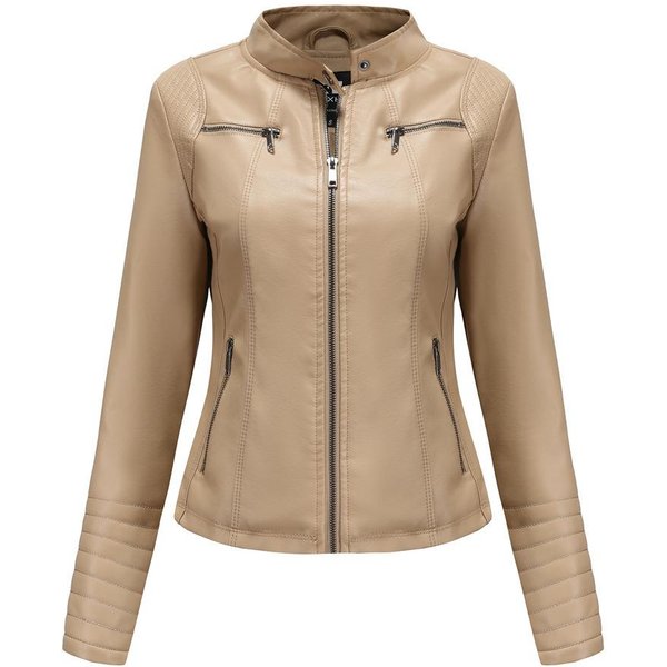 Nowa Damska Kurtka SkóRzana Damska Europejska I AmerykańSka Wiosenna I Jesienna Cienka SkóRzana Kurtka KróTka Modna Damska Kurtka Xxxl Beige-image