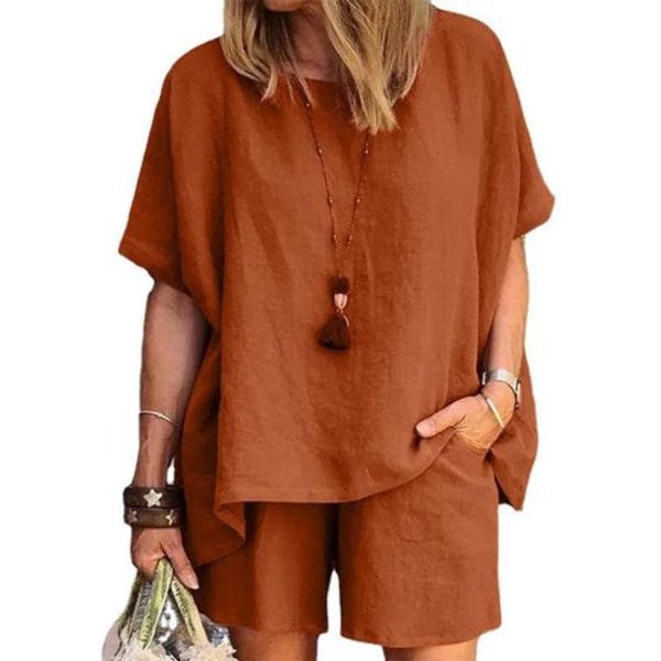 Conjunto De 2 Piezas De AlgodóN Y Lino Para Mujer, Top De Manga Corta Con Cuello Redondo Y Pantalones Cortos Con Bolsillos, Ropa De Verano Casual Para Estar En Casa, CháNdal XL-image