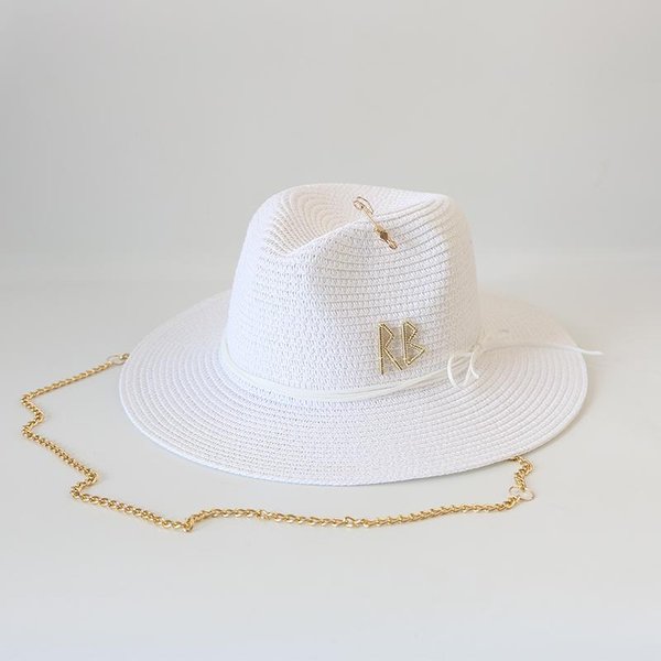 Cadena De Letras Rb De Metal Hecha A Mano Diy Sombreros De Paja Jazz Para Mujeres Hombres UPF50+ Moda Sombrero Panamá Verano Vacaciones Al Aire Libre Playa Sombrero Para El Sol 56-58Cm Brown-image