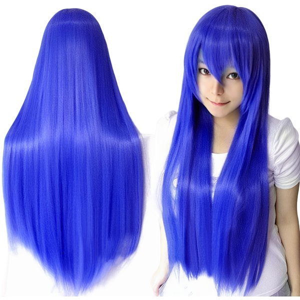 Peluca Larga Recta Azul Lago De Cabello SintéTico Anime Cosplay Disfraz De Halloween Cabello Bisca Mulan Pelucas Con Flequillo 32Inches Blue-image