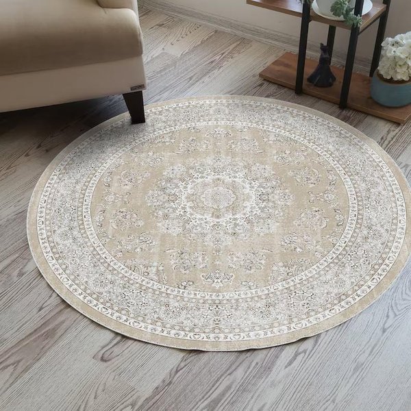 BeżOwy Vintage Postarzany Perski OkrąGłY Dywan Z Medalionem AntypośLizgowa Zmywalna Mata Do Salonu W Stylu Wiejskim 120X120Cm-image
