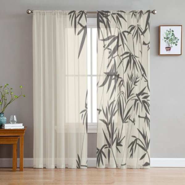 Cortinas Visillo Transparentes Florales Abstractas Con Tul De Bambú Para Sala De Estar La HabitacióN Dormitorio DecoracióN De Cocina Cortinas De Voile Organza 135W X 114H(Cm) White-image