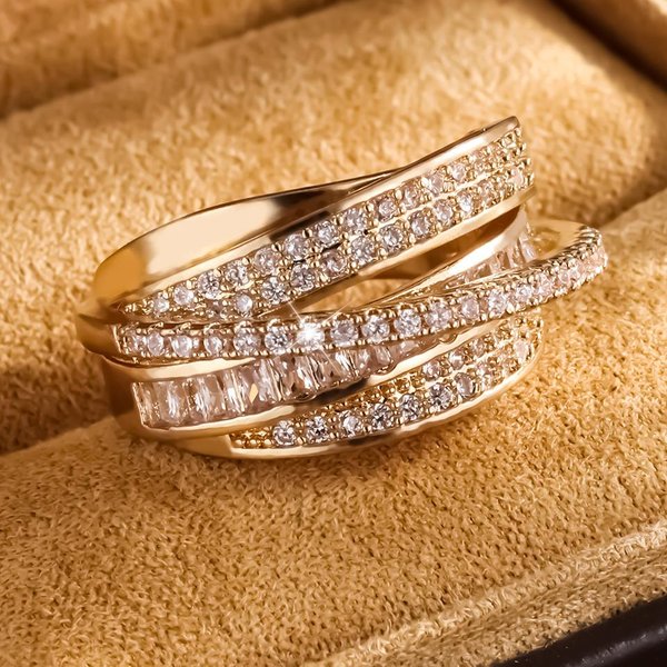 Anillo De Apertura De Estrella Multicapa Con Circonita Incrustada De Cobre De Alta Calidad Para Mujer Chapado En Oro De 18K Anillo De Regalo De Vacaciones Para Pareja JoyeríA Resizable-image