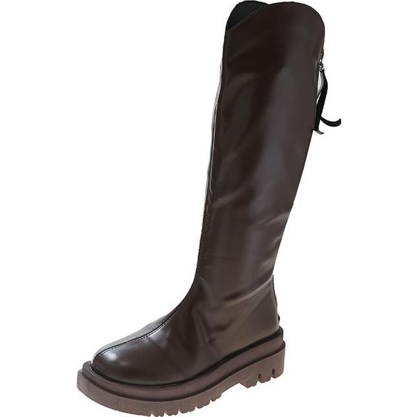Zapatos De Moda Para Mujer Cremallera Botas De Mujer OtoñO Punta Redonda SóLido Hasta La Rodilla TacóN Medio Impermeable Zapatos Estilo BritáNico Mujer 40 MarróN-image