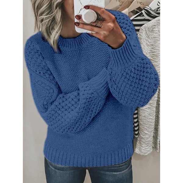 SuéTer De Punto Texturizado De Cuello Redondo Para Mujer, Jersey De Manga Larga, Color Liso, Casual, Ajuste CeñIdo, Jersey De OtoñO E Invierno M Blue-image