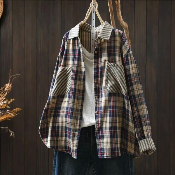 Johnature Damskie Koszule W Kratę Vintage Patchwork Kolorowy KołNierzyk Klapowy DłUgi RęKaw Kieszenie Na Guziki Bluzki Koszule Jesienne One Size Gray-image