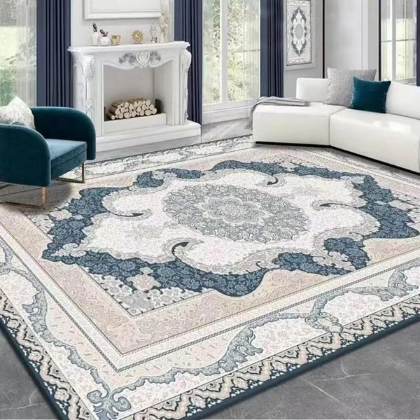 Orientalny Dywanik Z Medalionem, Vintage Niebiesko-BeżOwy AntypośLizgowy Dywanik PodłOgowy Do Salonu, Sypialni Elegancki Dom 80X120Cm 31X47Inch-image