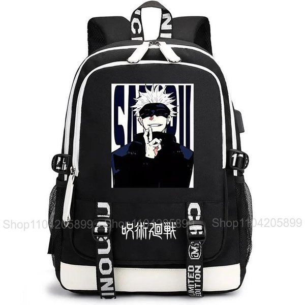 Mochila Jujutsu Kaisen Anime Satoru Gojo Itadori Yuji Mochila Estudiante Bolso Escolar Gran Capacidad Puerto De Carga USB Mochila De Viaje 16 Inches-image