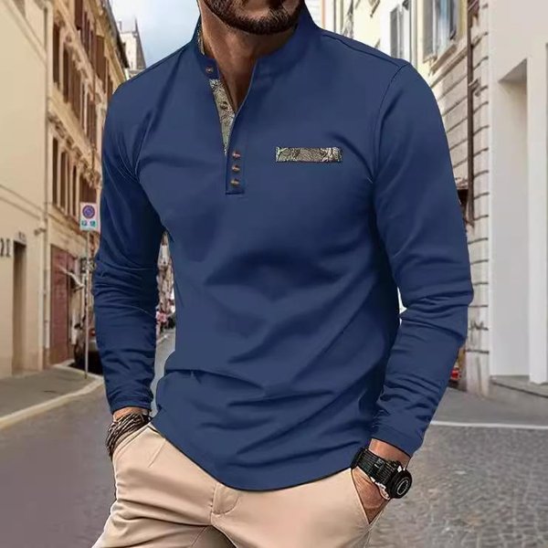 MęSka Koszulka Polo Z KołNierzykiem StóJką Na Wiosnę I Jesień, Casualowa, Sportowa, Z DłUgim RęKawem, Koszula Henley L Kolor Granatowy-image