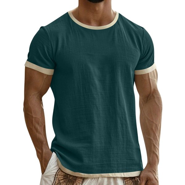 Camiseta De Manga Corta Para Hombre Colorblock AlgodóN Lino Ligera Transpirable Cuello Redondo Casual Top De Vacaciones XXL Verde Oscuro-image