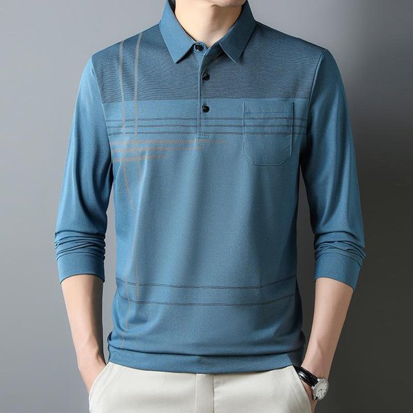 Tops Finos De Manga Larga Para Hombre De OtoñO, Camisetas BáSicas Para Hombres JóVenes Y De Mediana Edad Con Solapas Y Bolsillos Reales, Camisetas Casuales De Papá Para Hombre Xxxxl Gray-image