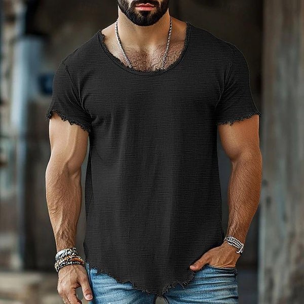 Camiseta De Manga Corta Ajustada Para Hombre, Color Liso, Con Dobladillo Deshilachado Xxxl Negro-image
