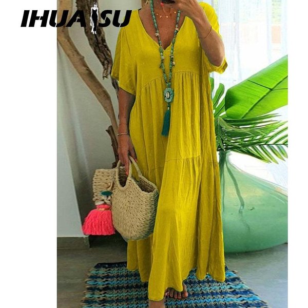 Ihuasu Vestido De Verano De Moda Para Mujer SóLido Cuello En V Talla Grande Suelto Largo Oversize Casual Manga Corta XL Yellow-image