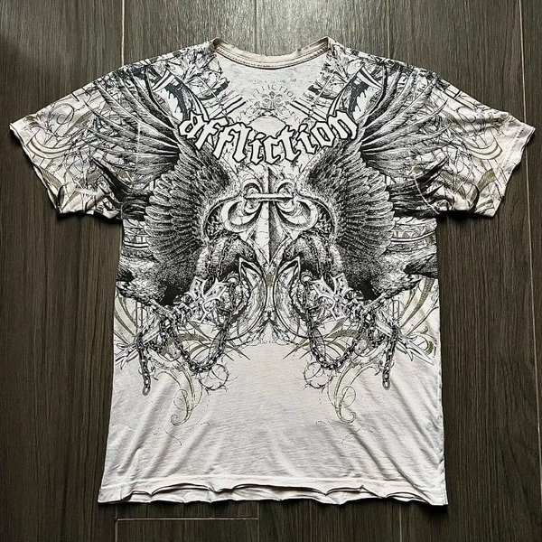 2025 Nueva Camiseta Roja Affliction Harajuku Hip Hop Cuello Redondo Oversize Camisetas Casuales Hombres Mujeres Manga Corta Ropa GóTica M Gray-image