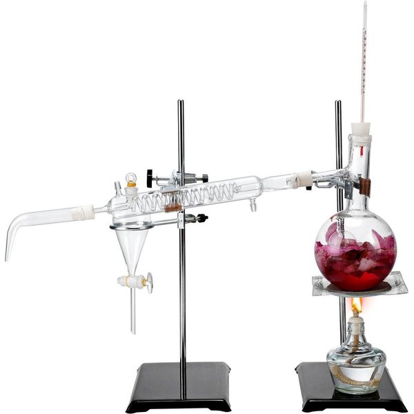 Kit De DestilacióN De Aceites Esenciales, Aparato De DestilacióN De 500 Ml, Kit De DestilacióN De Vidrio De Laboratorio Boro 3.3 Con LáMpara De Alcohol, Malla CeráMica Y 24, 40-image