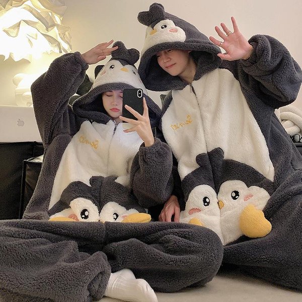 Kobiety MężCzyźNi PiżAma Zimowa CiepłA Bielizna Nocna PiżAma Dla Pary Onesie Gruby Kombinezon ŚLiczny KreskóWkowy Onesie Odzież Domowa M Gray-image