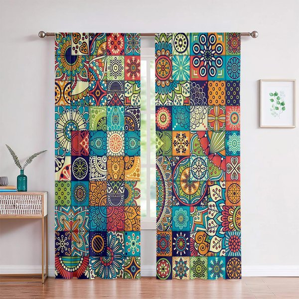 Cortinas Con PatróN Colorido De Estilo Bohemio 3D 2 Paneles Estilo Marroquí Hogar Sala De Estar Dormitorio BalcóN Cortinas Decorativas W50X130H(Cm)X2Pcs&Rod Pocket-image
