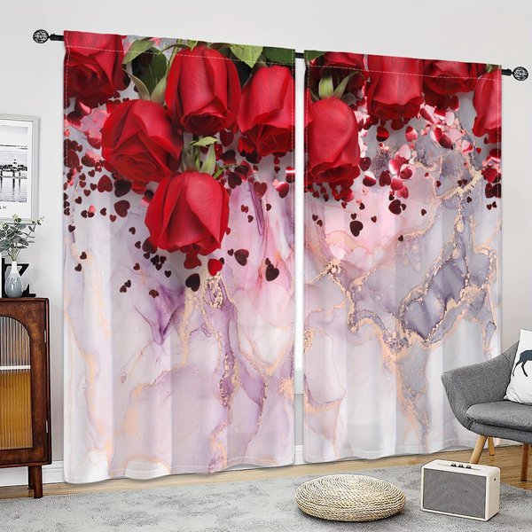 2 Paneles Cortina Estampada Rosas En Flor, Para Dormitorio Oficina Cocina Sala De Estar Estudio DecoracióN Del Hogar W65X60H(Cm)X2Pcs&Grommet Top-image