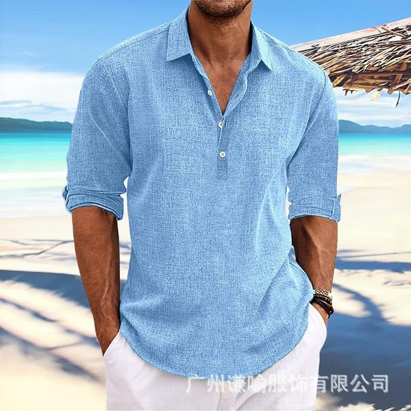 Camisa De Color SóLido Para Hombre Lino Solapa Manga Larga Casual Transpirable Xxxl Azul Marino-image