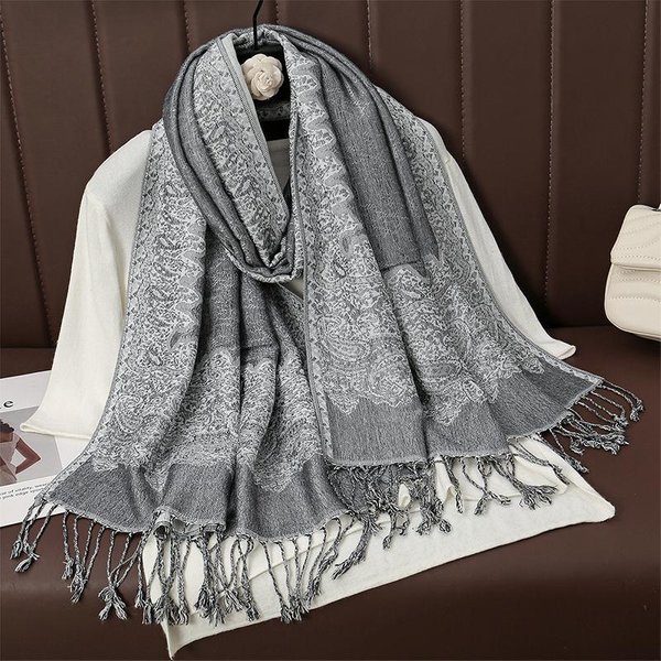 Koc Z FręDzlami Gruba Pashmina CiepłY Zimowy Szal Owijany Kaszmirowy żAkardowy Szalik Damski Apaszka Poncho Szale Gray-image