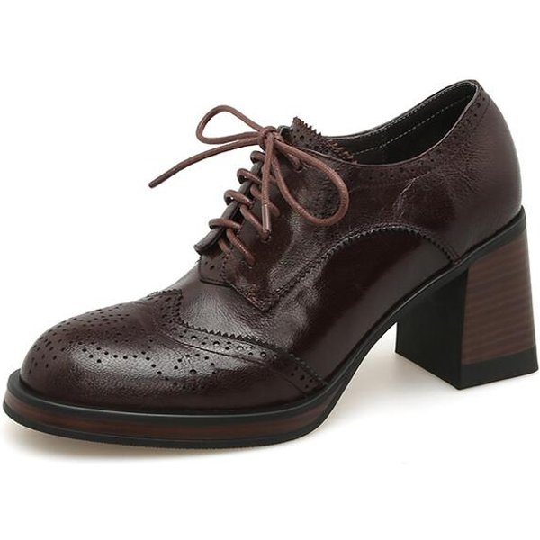 Moda Nuevo Primavera Cuero Genuino Zapatos De Mujer Punta Redonda Zapatos De SalóN De Mujer DiseñOs Brogue Zapatos Para Mujer TacóN Alto Cordones Mocasines Zapatos De SeñOra 38 Black-image