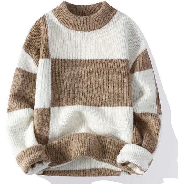 Markowe Ubrania CiepłE Jesień Zima Swetry MęSkie Casual Patchwork Kolor Dzianinowe Swetry MęSkie Kratka OkrąGłY Dekolt Sweter MężCzyzna M White-image
