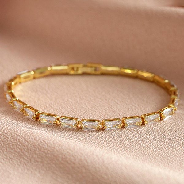 Juego De 2 Pulseras Francesas De Acero Inoxidable Para Mujer, Circonita Brillante De Alta Calidad Chapada En Oro De 18 Quilates, Pulsera Que No Se Desvanece, JoyeríA De Regalo Beige-image