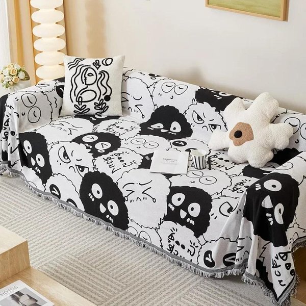 Funda De Sofá De Dibujos Animados, Toalla De Jacquard, Manta De Cama De Doble Uso, Manta De Picnic Con Borlas, Sofá Cama, DecoracióN Universal 90X90Cm 1Pcs-image