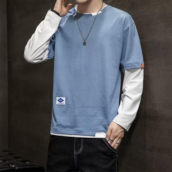 Camiseta De Manga Larga Camiseta Interior Para Hombre Primavera VersióN Coreana De La Falsa Prenda De Dos Piezas Cuello Redondo Ajustada Ropa De OtoñO Camiseta Para Hombre Ropa Hombre M Azul-image