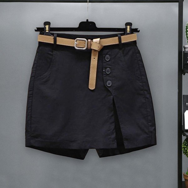 Verano Mujer Pantalones Cortos De Cintura Alta Verano Falda Pantalones Cortos Cintura Alta Falda Pantalones Cortos Para Mujer Suave Abertura Lateral Bolsillos Largo Por Encima De La Rodilla Exterior Sin CinturóN XL Negro-image