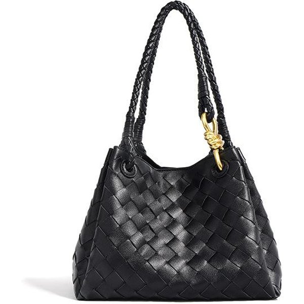 Bolso De Mano De Cuero, Cuero De Capa Superior, TéCnica De Tejido Creativo, Bolso Tipo Cubo, Cesta De Verduras Retro, Bolso De Mujer Negro-image