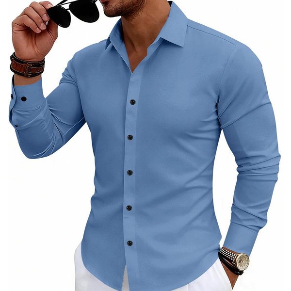 Camisa De Manga Larga EláStica Para Hombre Corte Ajustado Cuello De Botones Camisa De Vestir Camisa De Trabajo De Negocios Camisa Casual De Oficina Xxxl Azul-image
