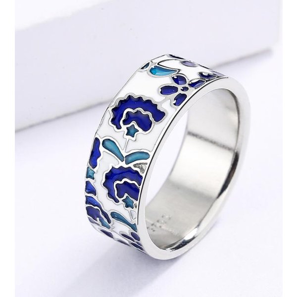 Exquisito Anillo Nuevo Para Mujer Anillo De Flor De Esmalte Azul JoyeríA De Esmalte Hecha A Mano De Moda Anillo Nupcial De Boda 6 White-image
