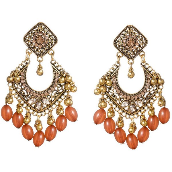 Etniczne Indyjskie Kolczyki Jhumka Dla Kobiet, Kolczyki Z Koralikami I FręDzlami, Vintage Akcesoria Jubilerskie Beige-image