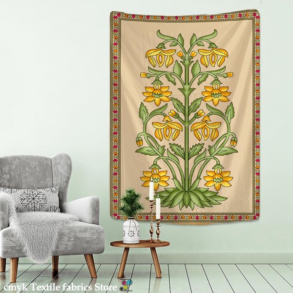 Tapiz De Flores Y Plantas Para Colgar En La Pared, Estilo Bohemio, Sencillo Y Elegante, Estilo Hippie, Mandala, Arte Para Dormitorio, DecoracióN Del Hogar 95X70Cm Beige-image
