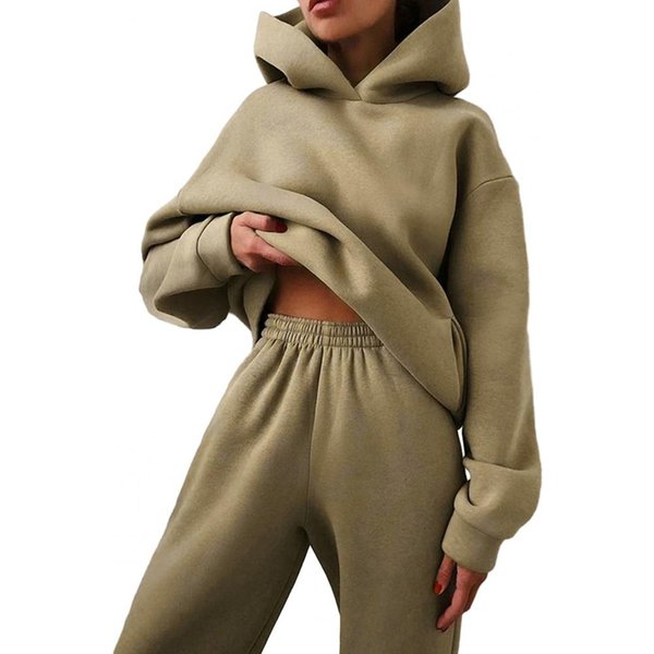 Damski Dres Zimowy Jesienny Komplet Bluza Z Kapturem Spodnie Kolekcja Jednolity LuźNy KróJ MięKki Codzienny CiepłY Elastyczna Talia Kieszenie Gruba Bluza Do Biegania Tro M Khaki-image