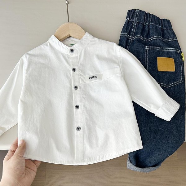 Ropa De Primavera Y OtoñO Para NiñOs Camisa Blanca De Manga Larga Con Cuello Mao De AlgodóN Para NiñOs Y NiñOs Camisa Top 130 White-image