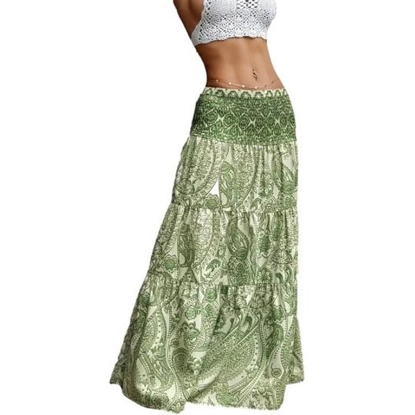 Falda Larga Plisada De Cintura Alta Estampada LíNea A Con Volantes Y Empalme DiseñO Ocio Vacaciones Falda De Mujer Uso Diario S Verde-image